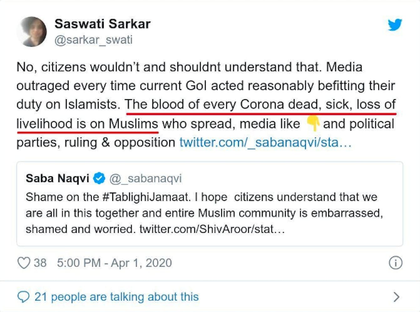 Saswati Sarkar Tweet Islamophobia Coronavirus.png