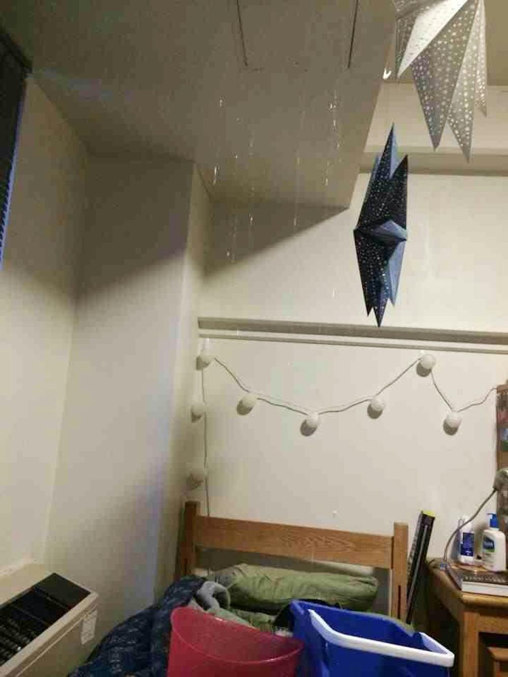 <p>A pipe that had burst behind a wall led <strong>Silberling</strong> and other students to collect the water accumulating in their dorm rooms in buckets.</p>