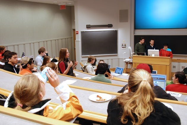Tim Andreadis '07 presides over the Assembly meeting Tuesday, where the Student Government Review Task Force reported on its progress.