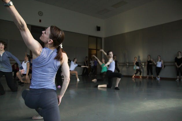 Annamaria Mazzini of the Paul Taylor Dance Company teaches a master class for community members, Dartmouth students and dancers from St. Johnsbury Academy on Sunday afternoon in the Strauss dance studio.