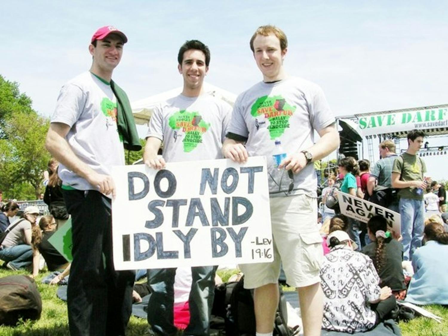 Chase Hogle '07, Adam Shpeen '07, and Evan Michals '07 (l-r) attend a rally in Washington, D.C. for the victims of the Darfur genocide. The rally urged American intervention in the ongoing genocide.