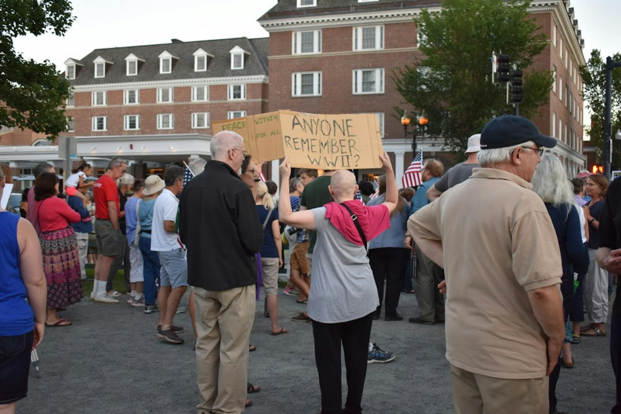 Demonstrators gathered across the street from the Hanover Inn.