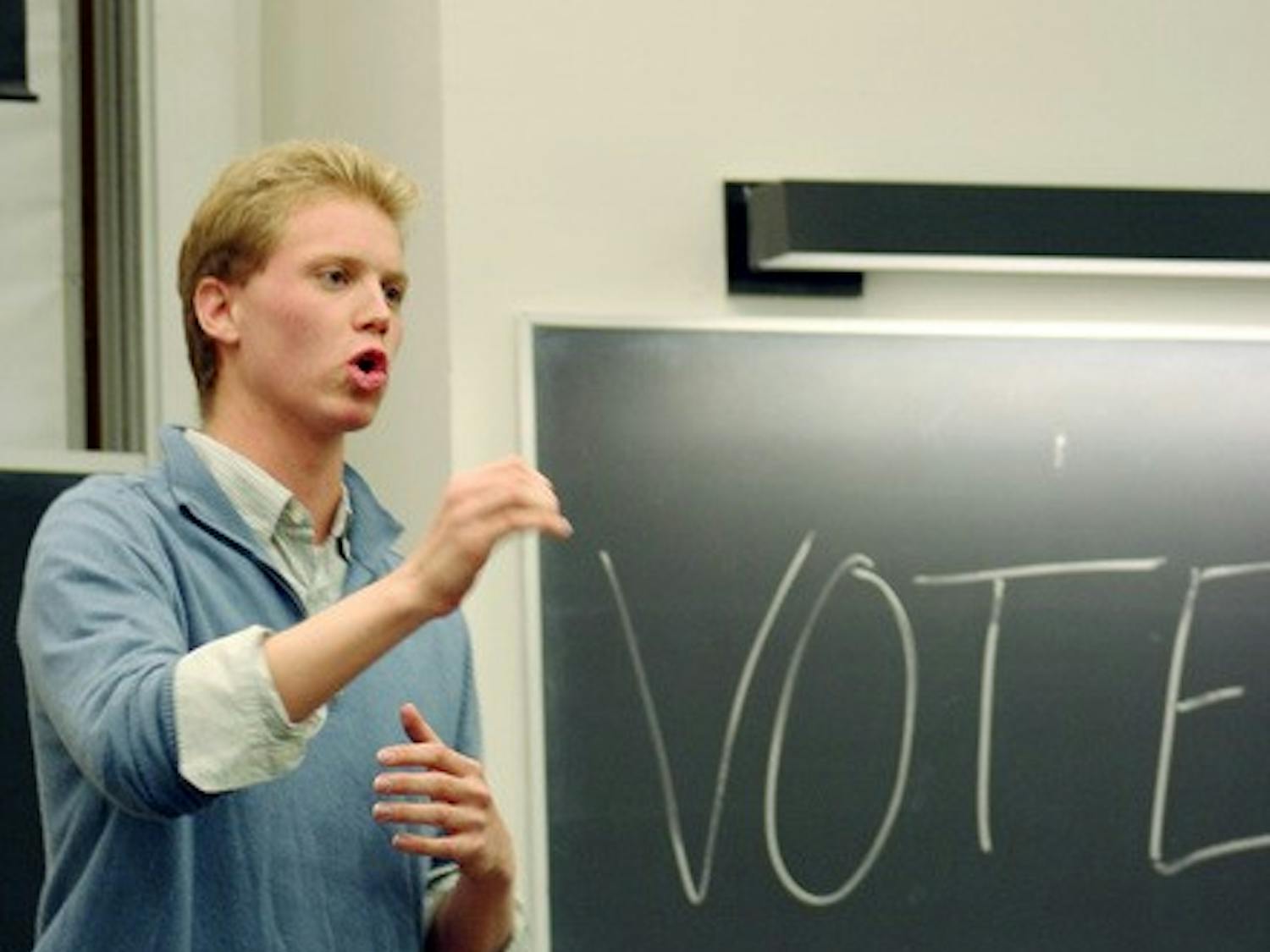 Derek Summerville '11 campaigns Tuesday night for freshman Class Council president. He says his campaign is more 'mature' than those of his peers.