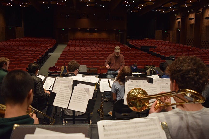 The jazz band holds a rehearsal.