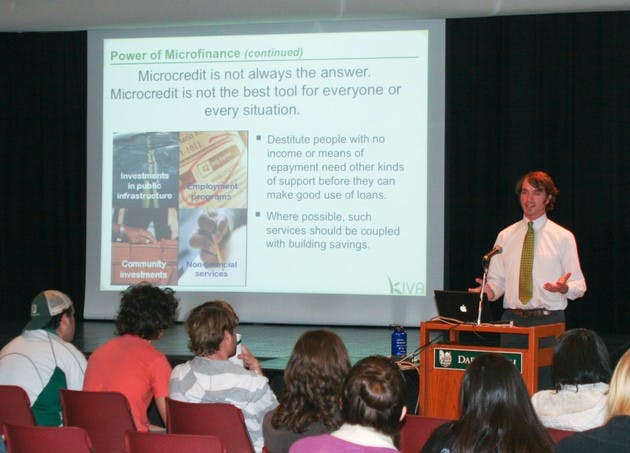 J.D. Bergeron, the director of the Kiva Fellows Program, describes Kiva's microfinance web site at the Kiva Bazaar on Thursday.