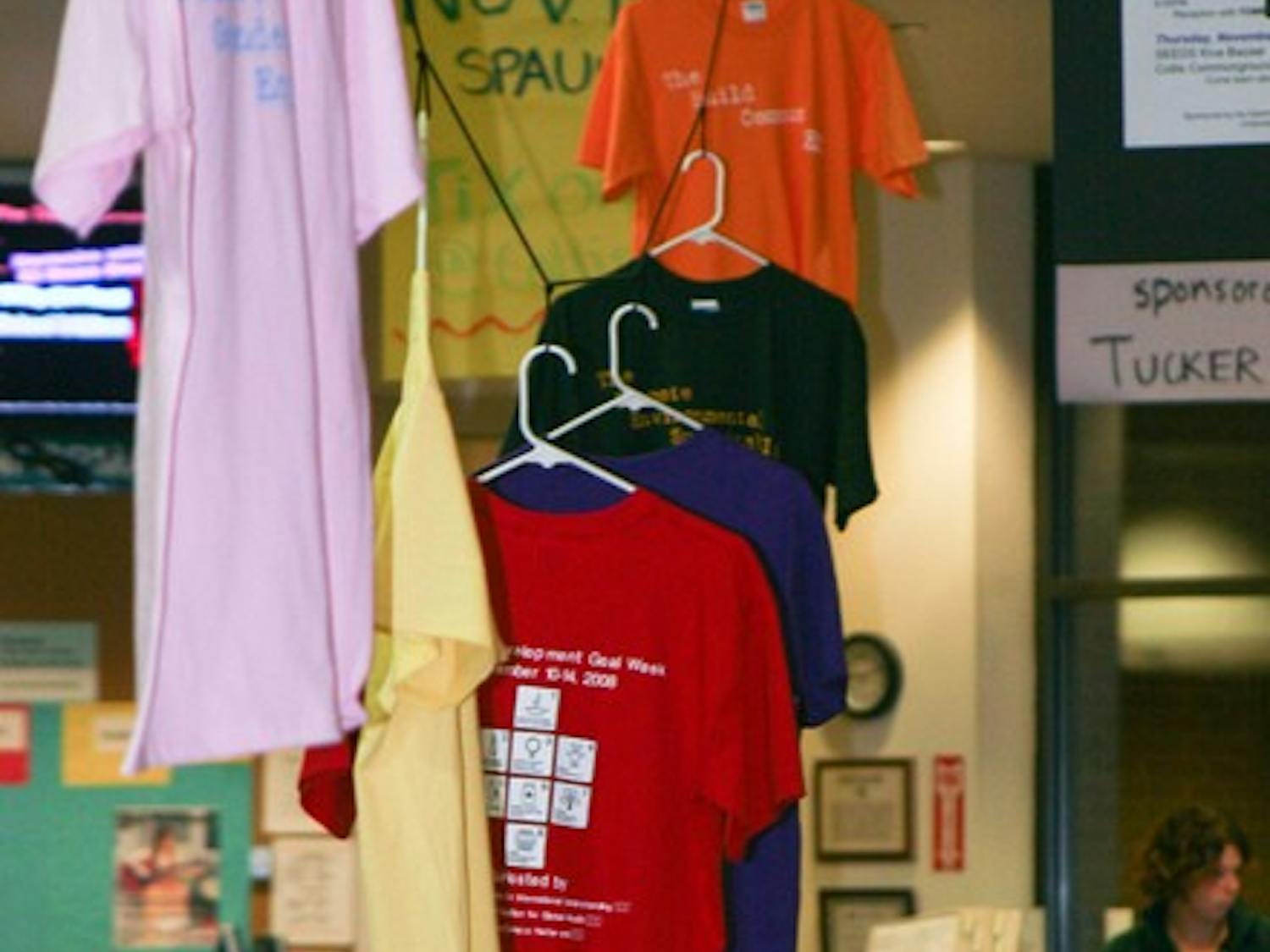 T-shirts hang in the Collis Center to commemorate the United Nations' Millennium Development Goals week at the College.