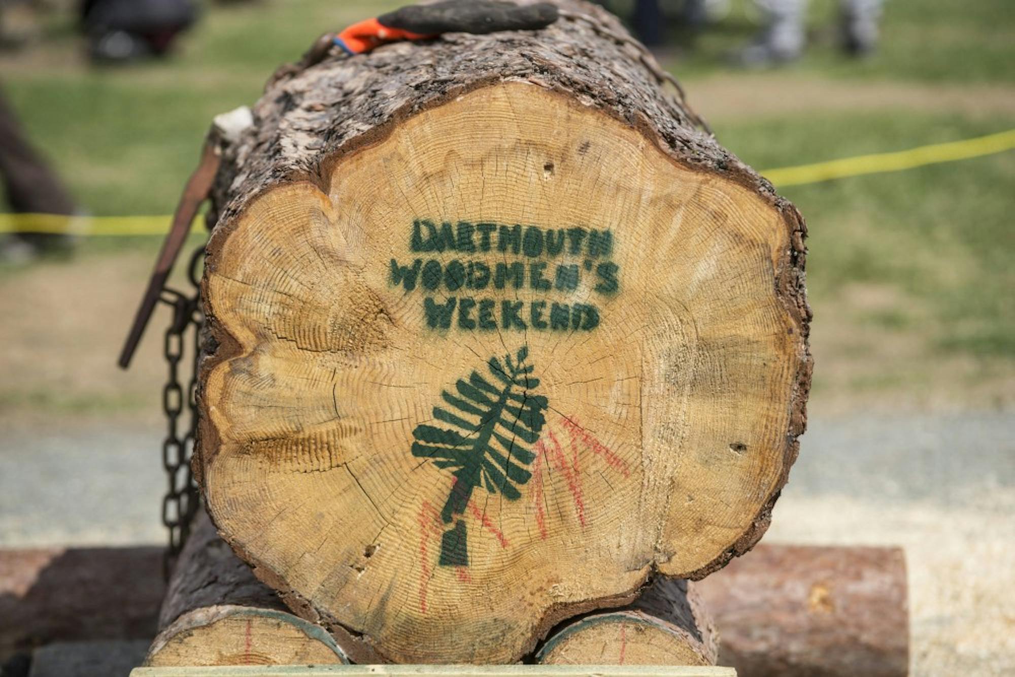 The Dartmouth Woodsmen's Team practices events such as axe throwing and wood splitting.