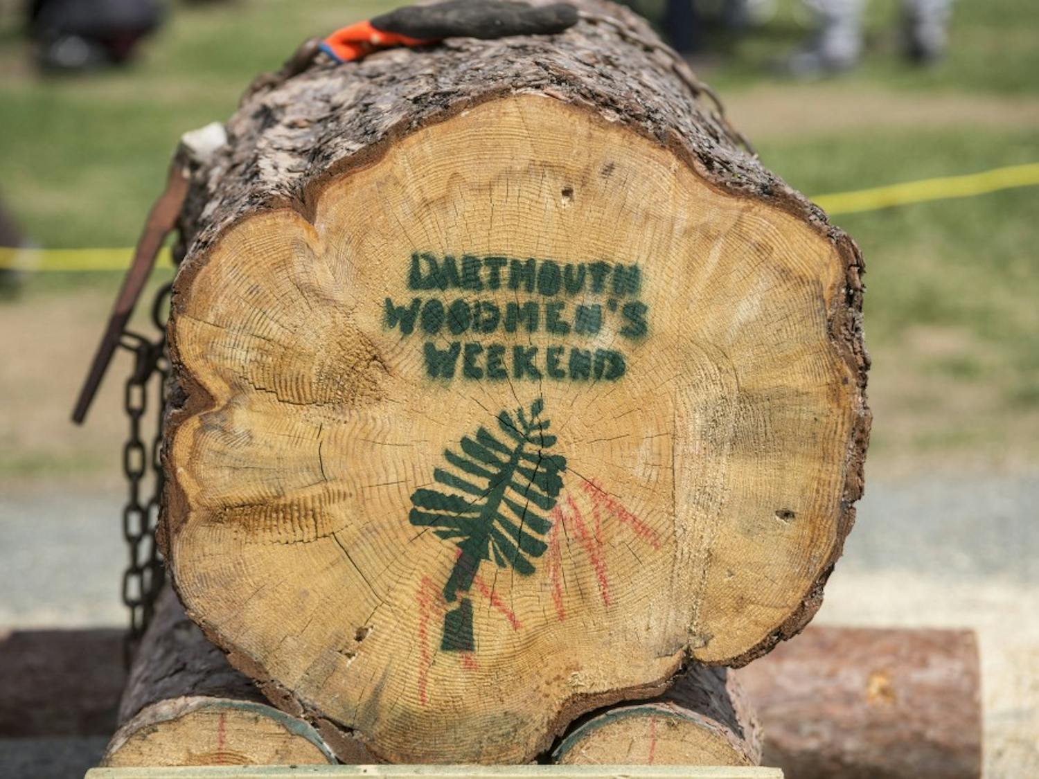 The Dartmouth Woodsmen's Team practices events such as axe throwing and wood splitting.