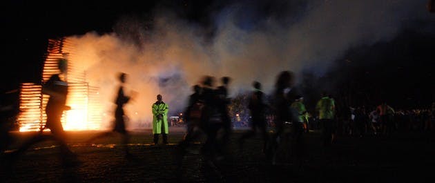 The College hires additional security personnel to guard the bonfire during the freshman sweep each year. Firemen are also stationed around the Green.