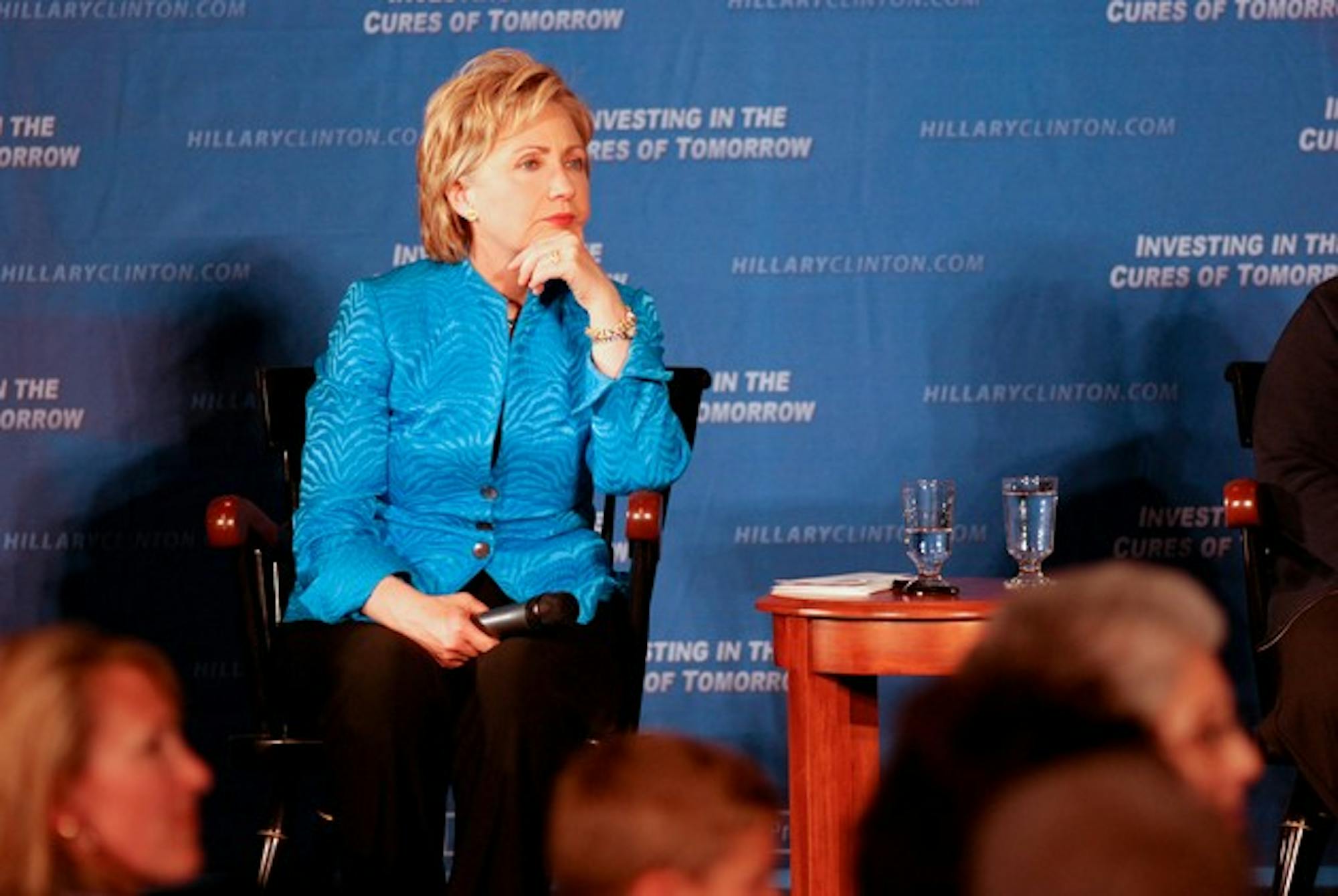 Hilary Clinton fields questions during her talk at Alumni Hall last Friday, which highlighted the importance of Congress funding stem cell research, painting the issue as one that should transcend party lines.