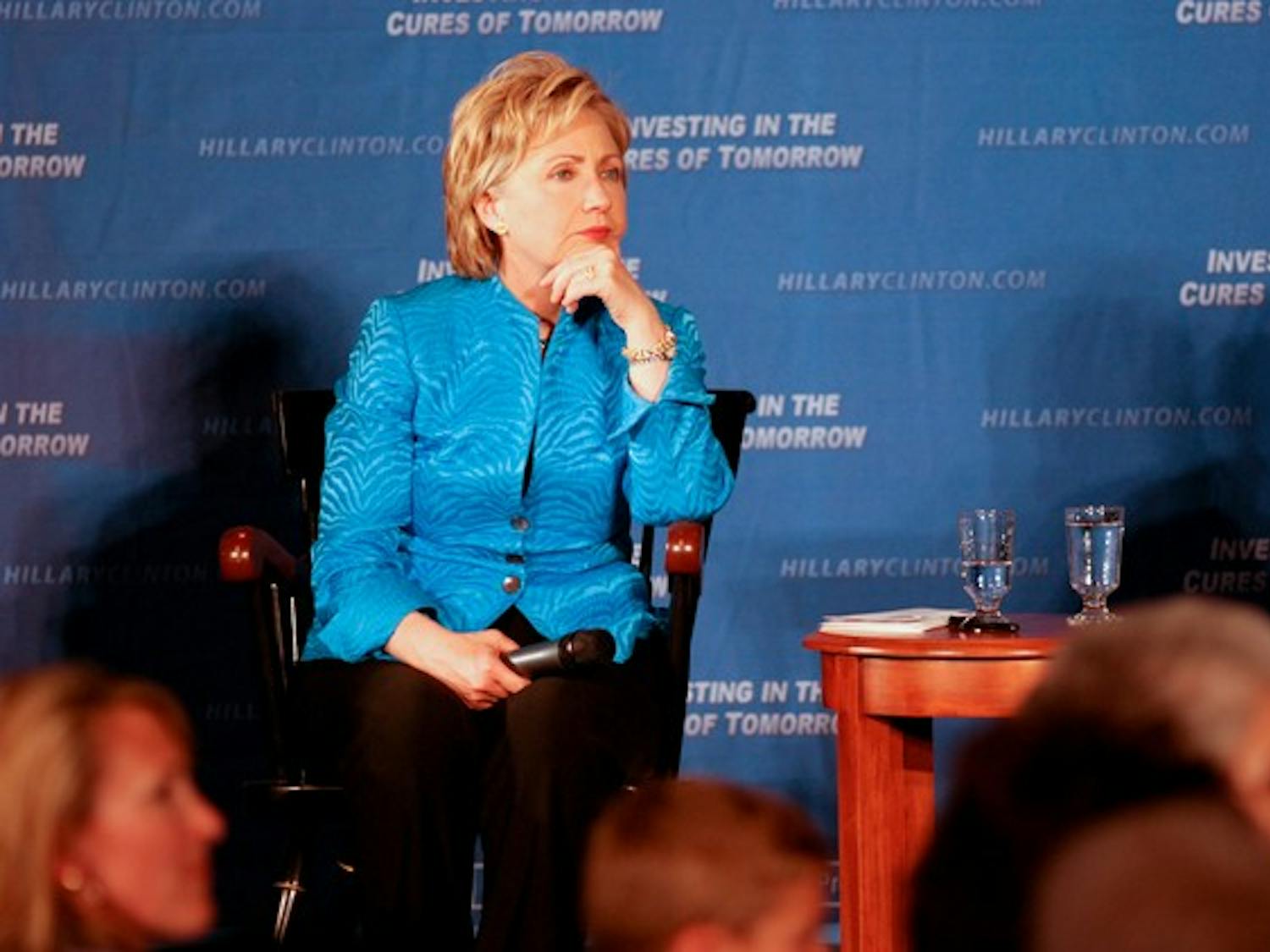 Hilary Clinton fields questions during her talk at Alumni Hall last Friday, which highlighted the importance of Congress funding stem cell research, painting the issue as one that should transcend party lines.