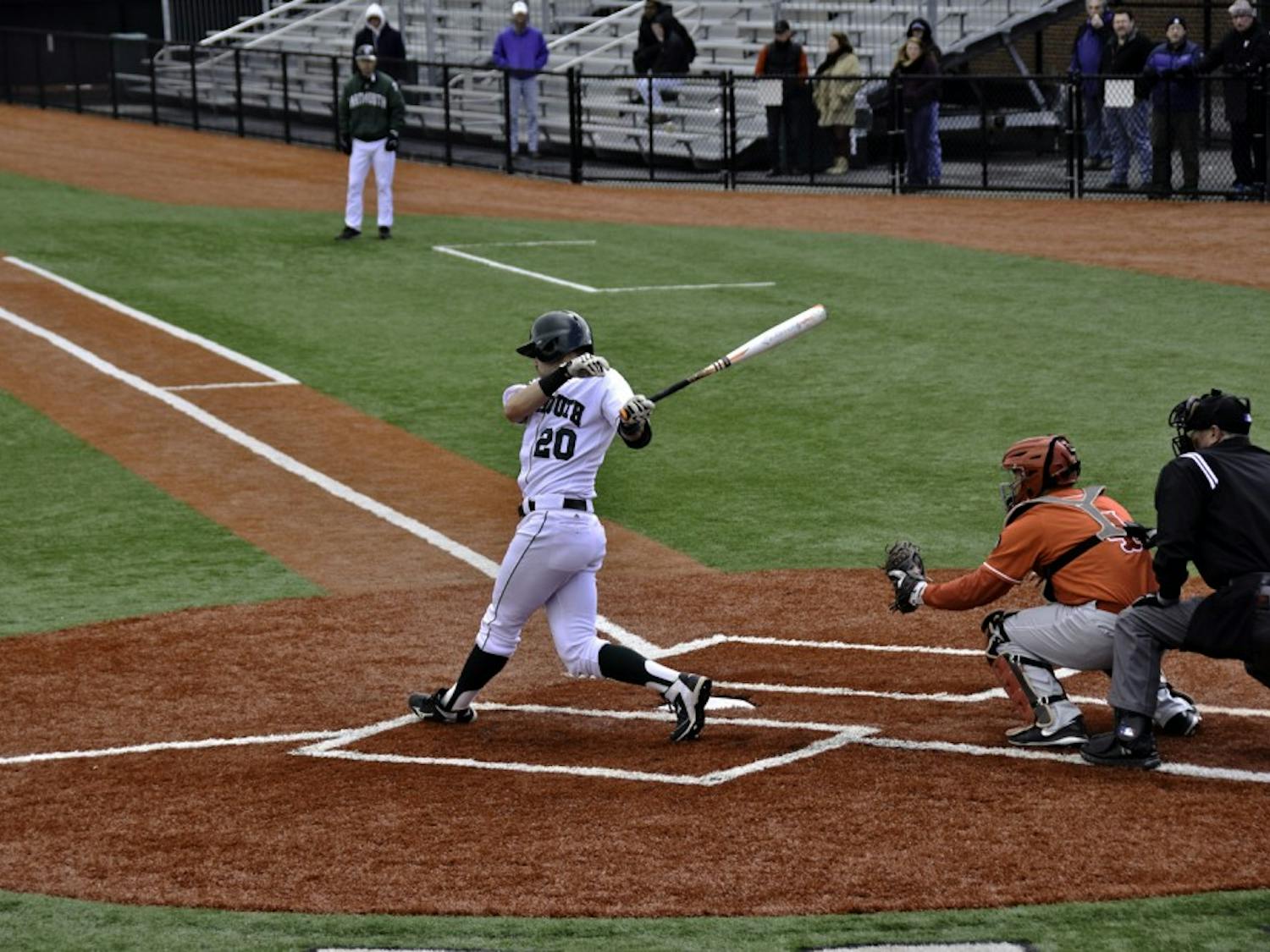 Third baseman Nick Lombardi ’15 took a mighty cut for the Big Green in Sunday’s doubleheader against Princeton.