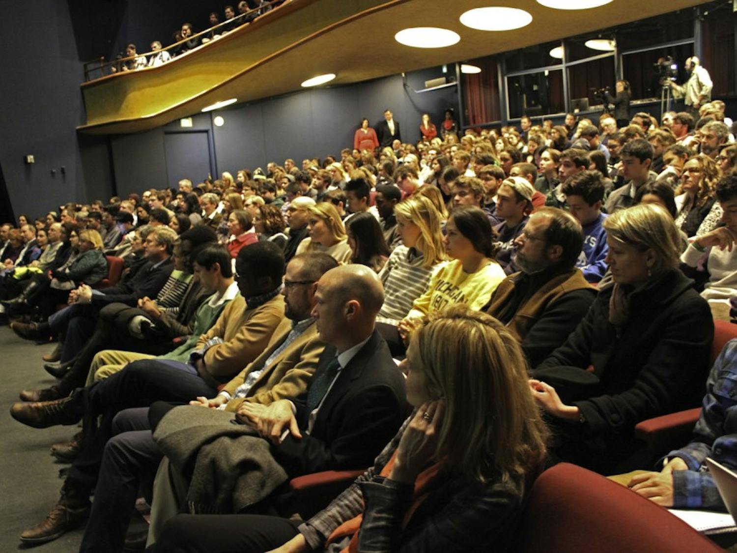 Moore Theater was at fully capacity Thursday morning as students, faculty and community members listened to policy proposals.