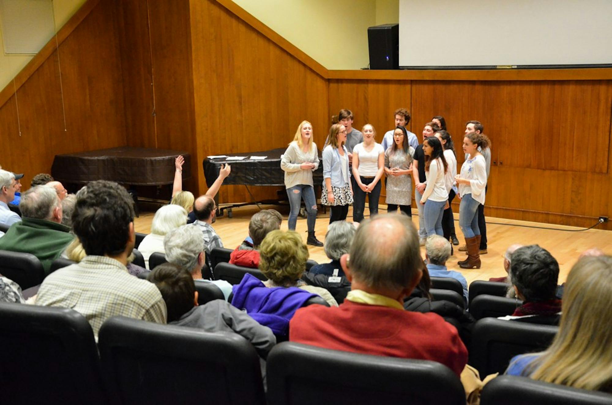 The Dartmouth Dodecaphonics perform for the Swingle singers’ master class in Faulkner Recital Hall.