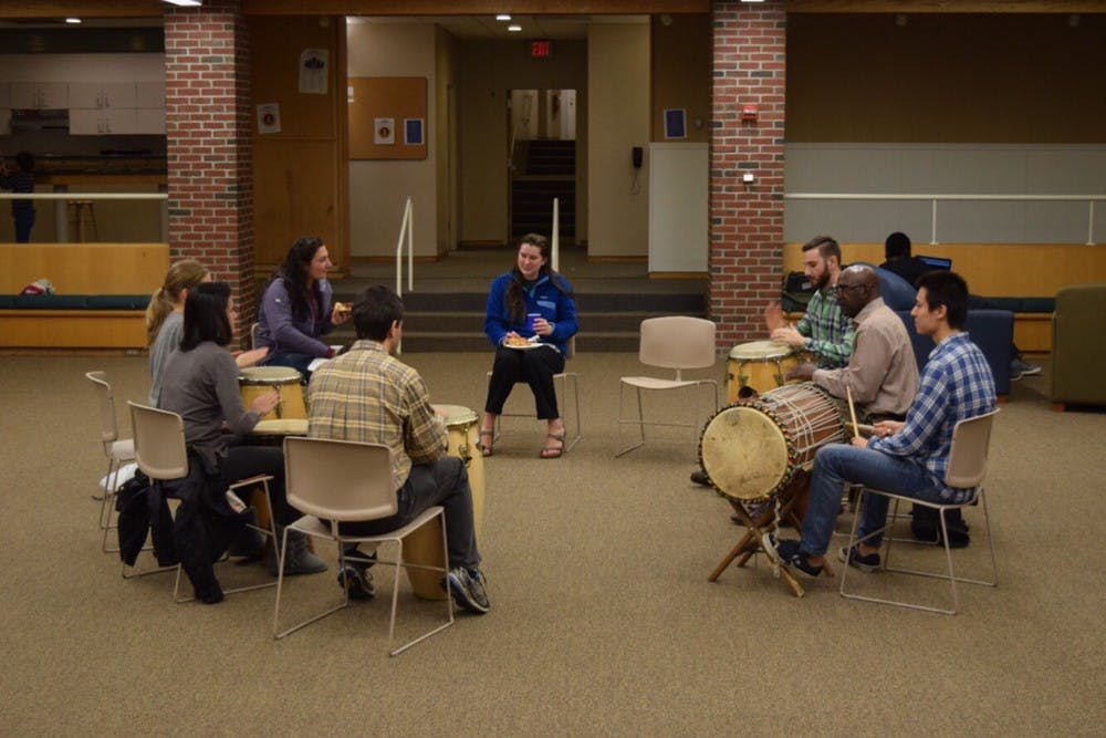 The World Music Percussion Ensemble members hosted a Hands-On Percussion Study Break in Brace Commons on Monday evening.