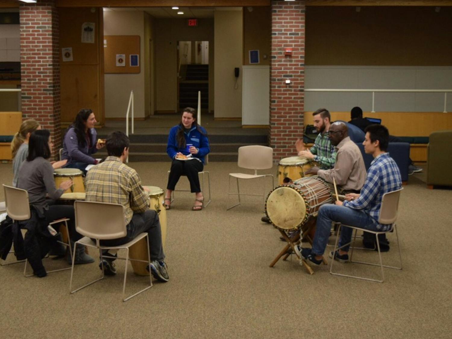The World Music Percussion Ensemble members hosted a Hands-On Percussion Study Break in Brace Commons on Monday evening.