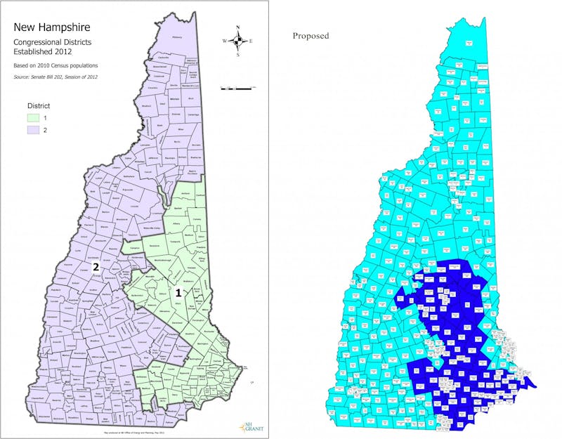 The GOP-proposed map, on the right, would likely make both districts less competitive between the two parties. The map on the left shows New Hampshire's current congressional districts.&nbsp;