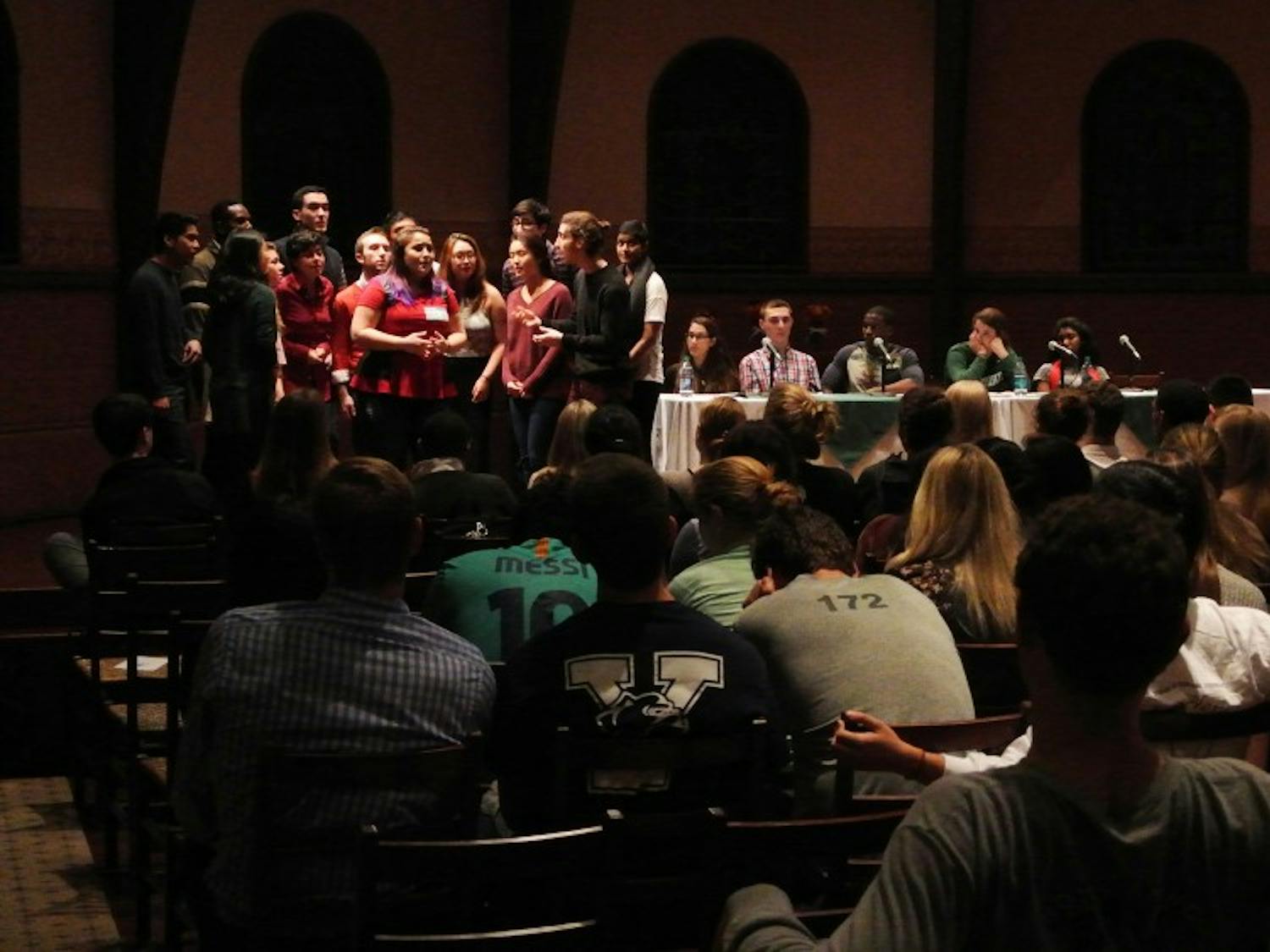 An a cappella group performs at the Student Assembly event on Thursday.