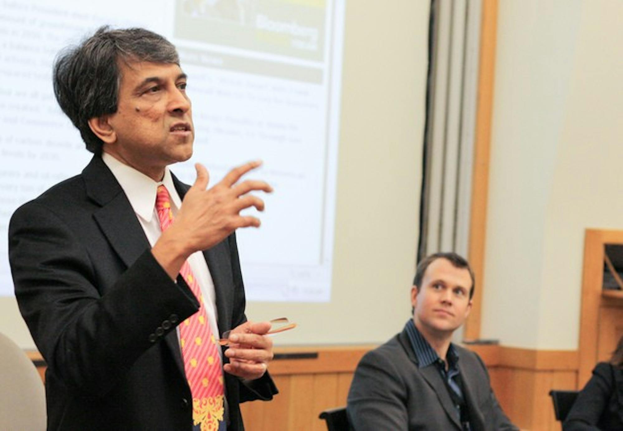 Tuck School of Business professor Anant Sundaram moderates a panel during the seventh annual Business and Society Conference held at the Tuck School of Business.