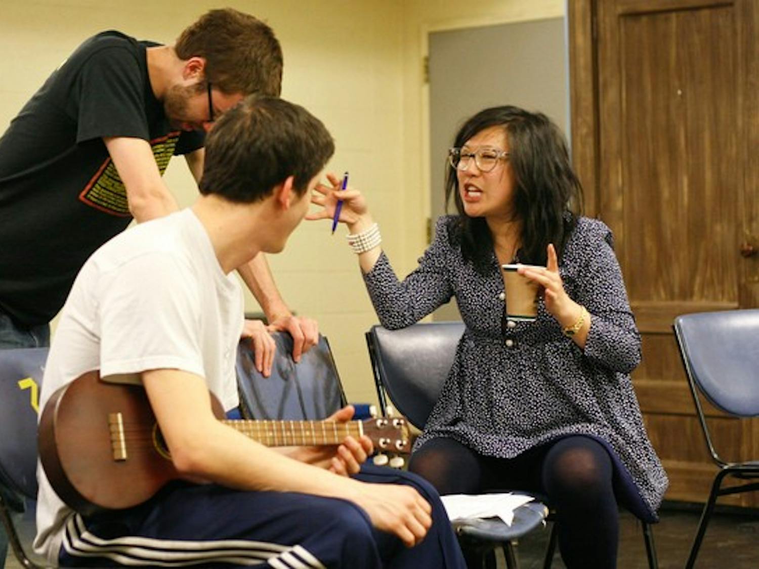 Dave Yoss '09, Jesse Victor '09 and Diana Jih '09 rehearse their play,