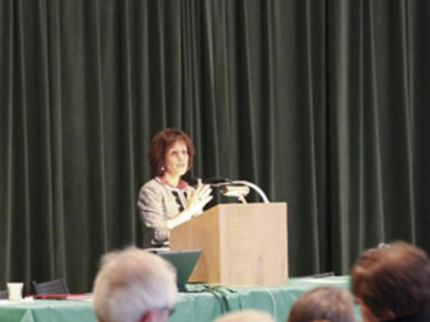 Dean of the Faculty Carol Folt gave her report to the faculty on Monday.