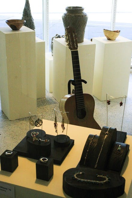 The Barrows Rotunda currently displays the jewlery, ceramic and woodworking skills of students who participate in the workshops at the Hopkins Center.