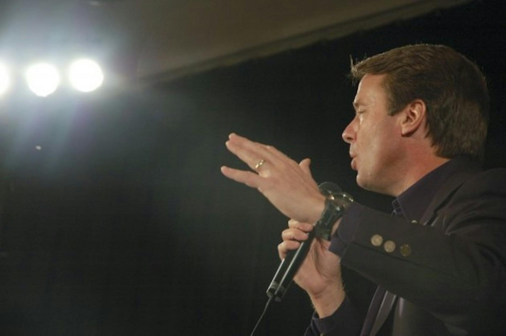 Former North Carolina Sen. John Edwards, who announced his presidential run in December, addresses a packed Alumni Hall on Wednesday afternoon.