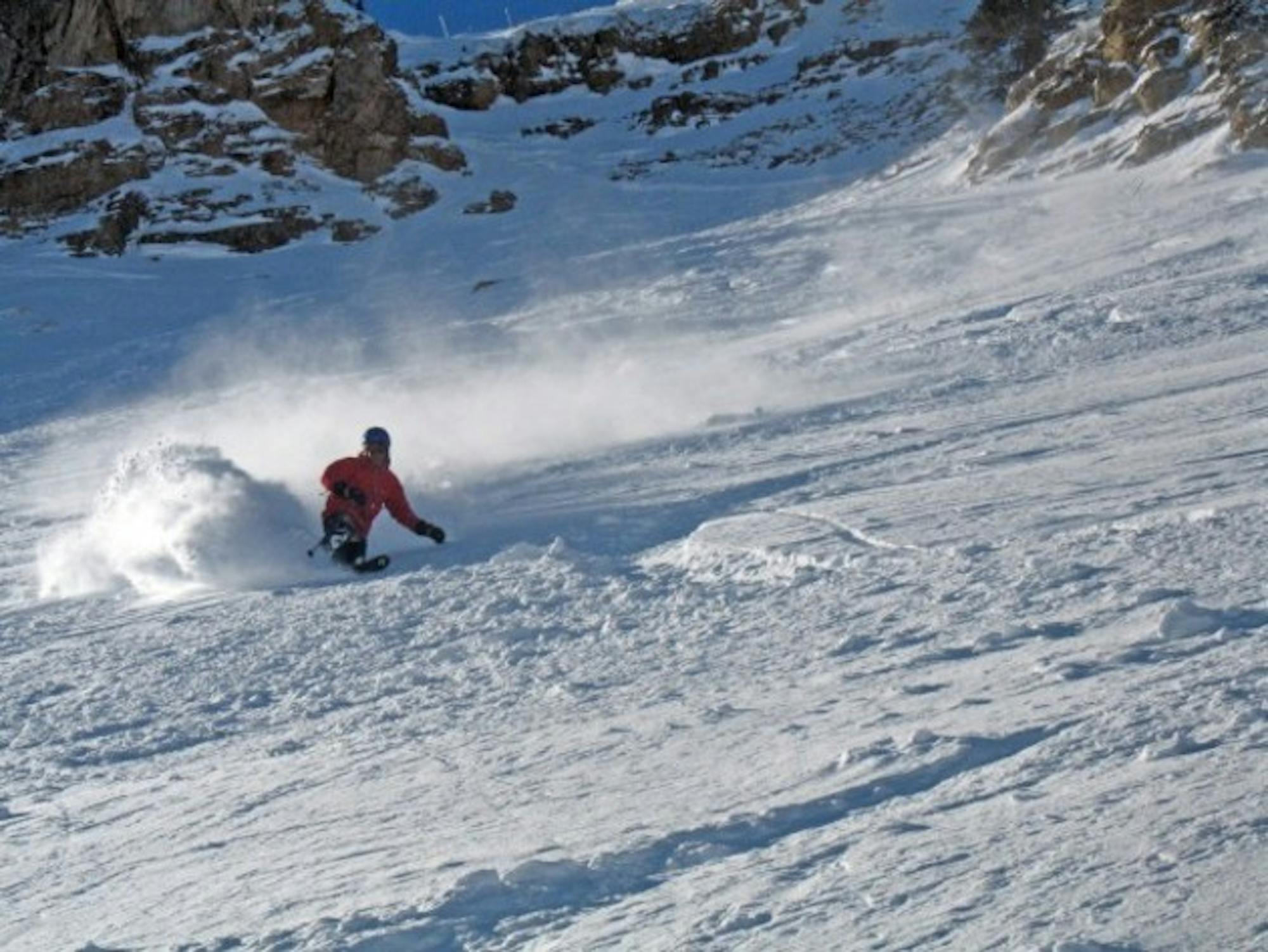 Jesse Dudley '08 carves fresh powder in Alta during a term away from Dartmouth. Skiing, for some, has become an alternative to hunting for ultra-competitive corporate internships to fill their terms off campus.