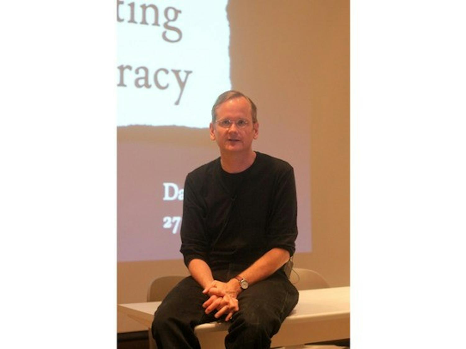 Harvard Law School professor Lawrence Lessig described the influence of lobbyists and campaign donors on public policy.