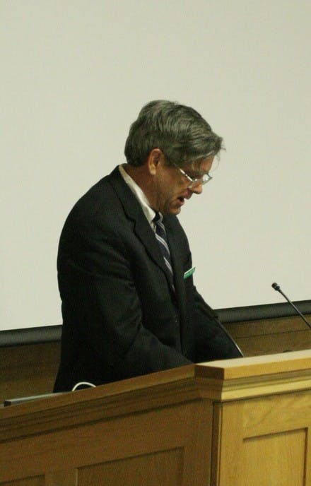Director of Nature Conservancy's Sustainable Waters Program Brian Richter speaks to the Filene Auditorium audience Friday.