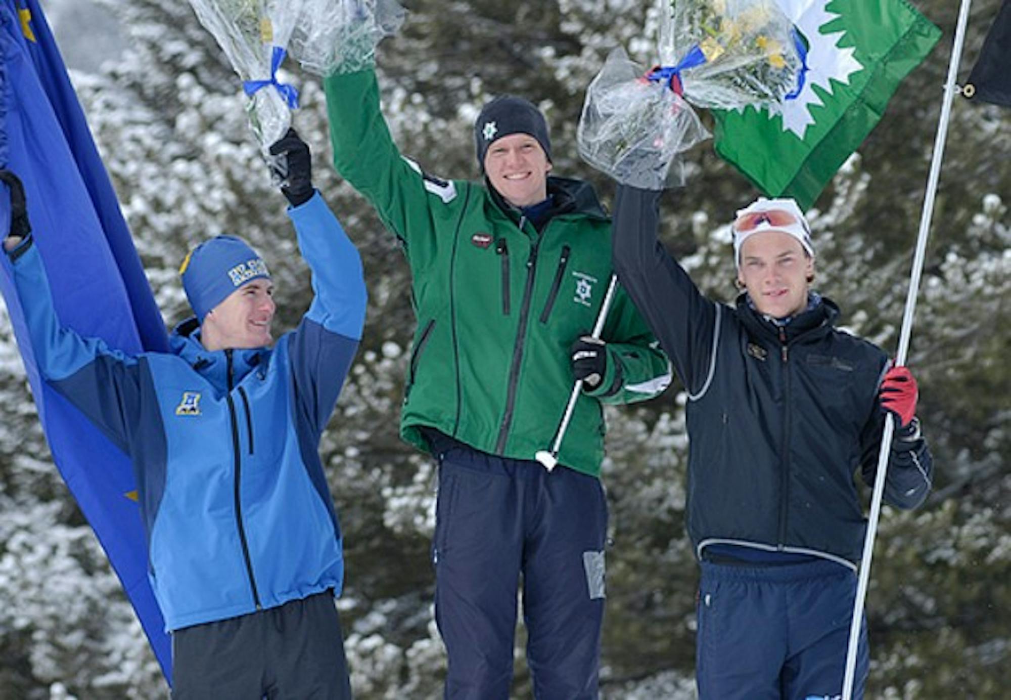 Glenn Randall '09 stands atop the podium after winning the NCAA 10k freestyle cross country title on Wednesday.