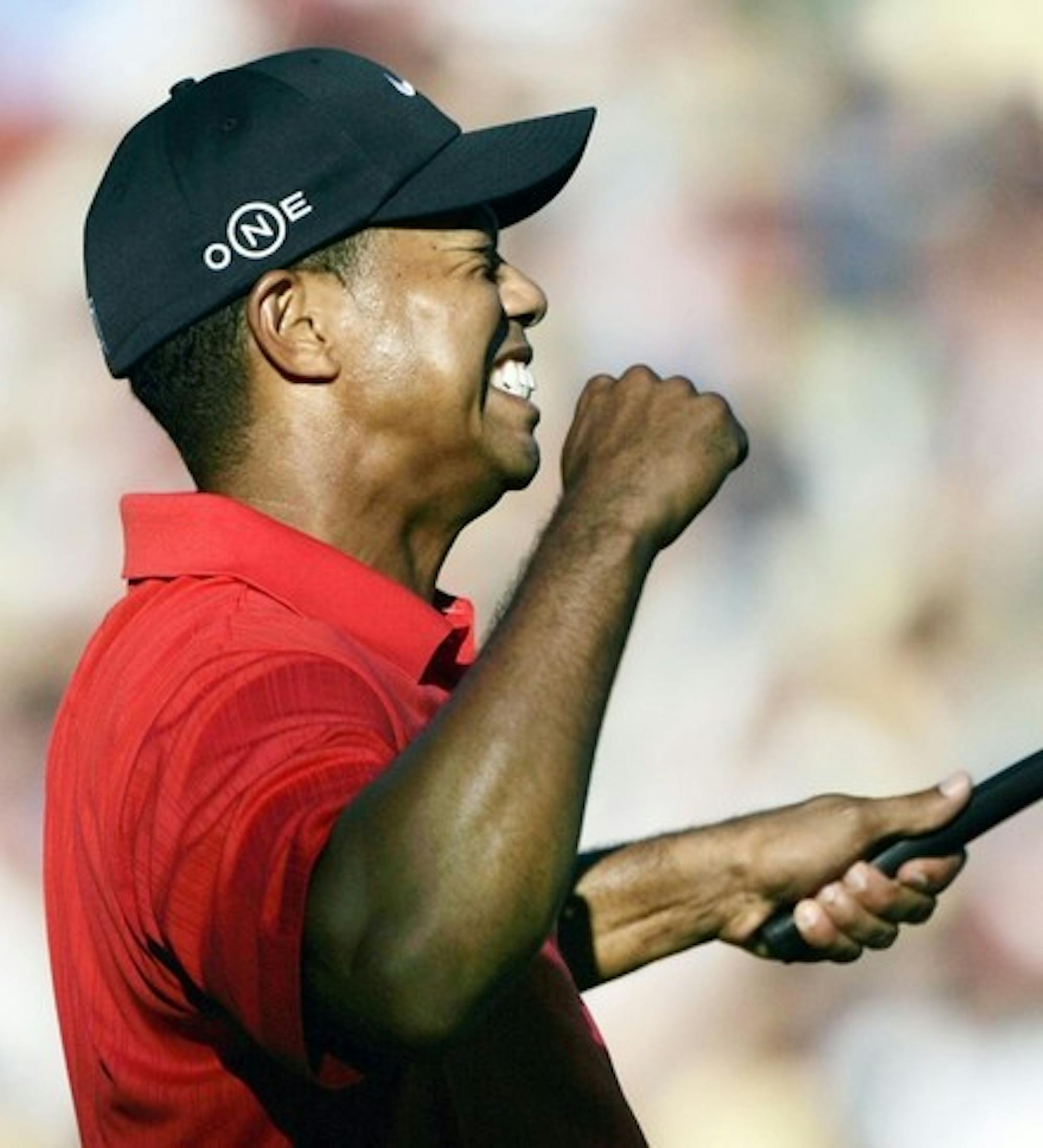 Tiger Woods celebrates after winning his 12th major tournament this past weekend at the PGA Championship held at Medinah Country Club.