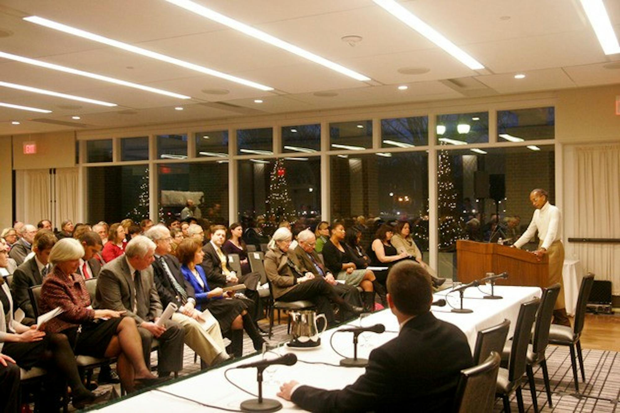 Evelyn Ellis, vice president of the Office of Institutional Diversity and Equity, addresses the crowd at the Social Justice awards on Friday at the Hanover Inn.