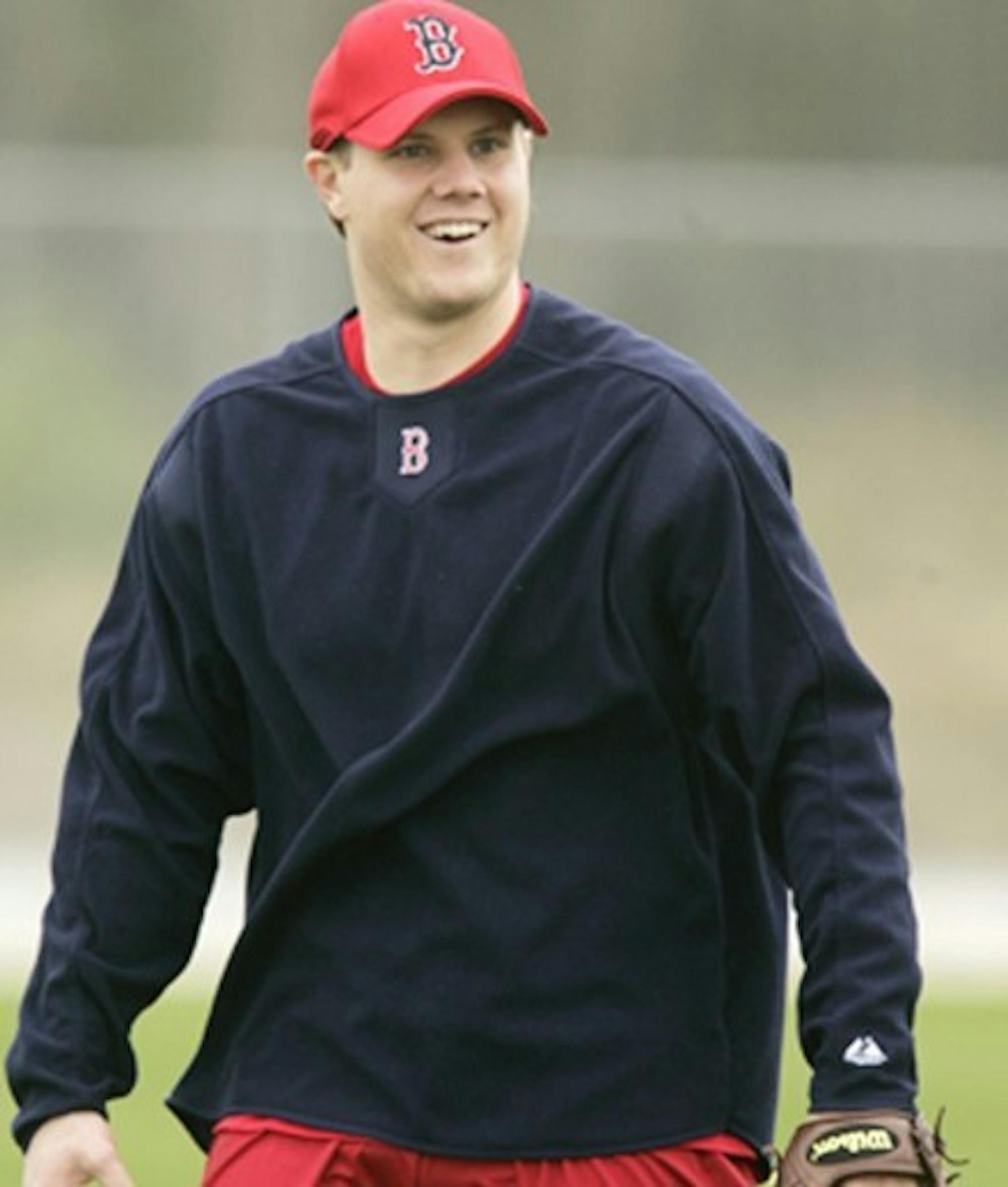 Boston Red Sox pitcher Jonathan Papelbon smiles between pitches at the team's minor league baseball park in Fort Myers, Fla.