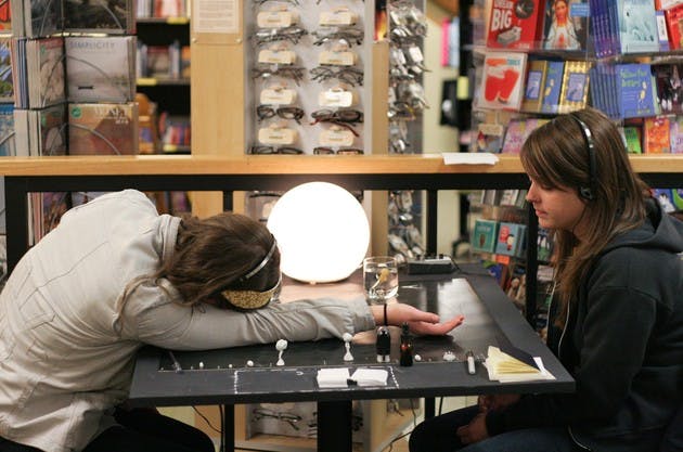 Students put on a set of headphones and become actors in the interactive show, 