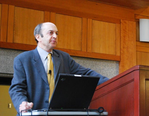 Ibrahim Warde an expert in Islamic finance explains the origins of Islamic finance at a lecture at The Tuck School of Business on Tuesday.