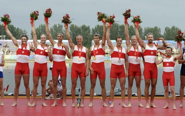 Seiterle, fourth from the right, won Canada's only Olympic gold in rowing events as a member of the men's eight.