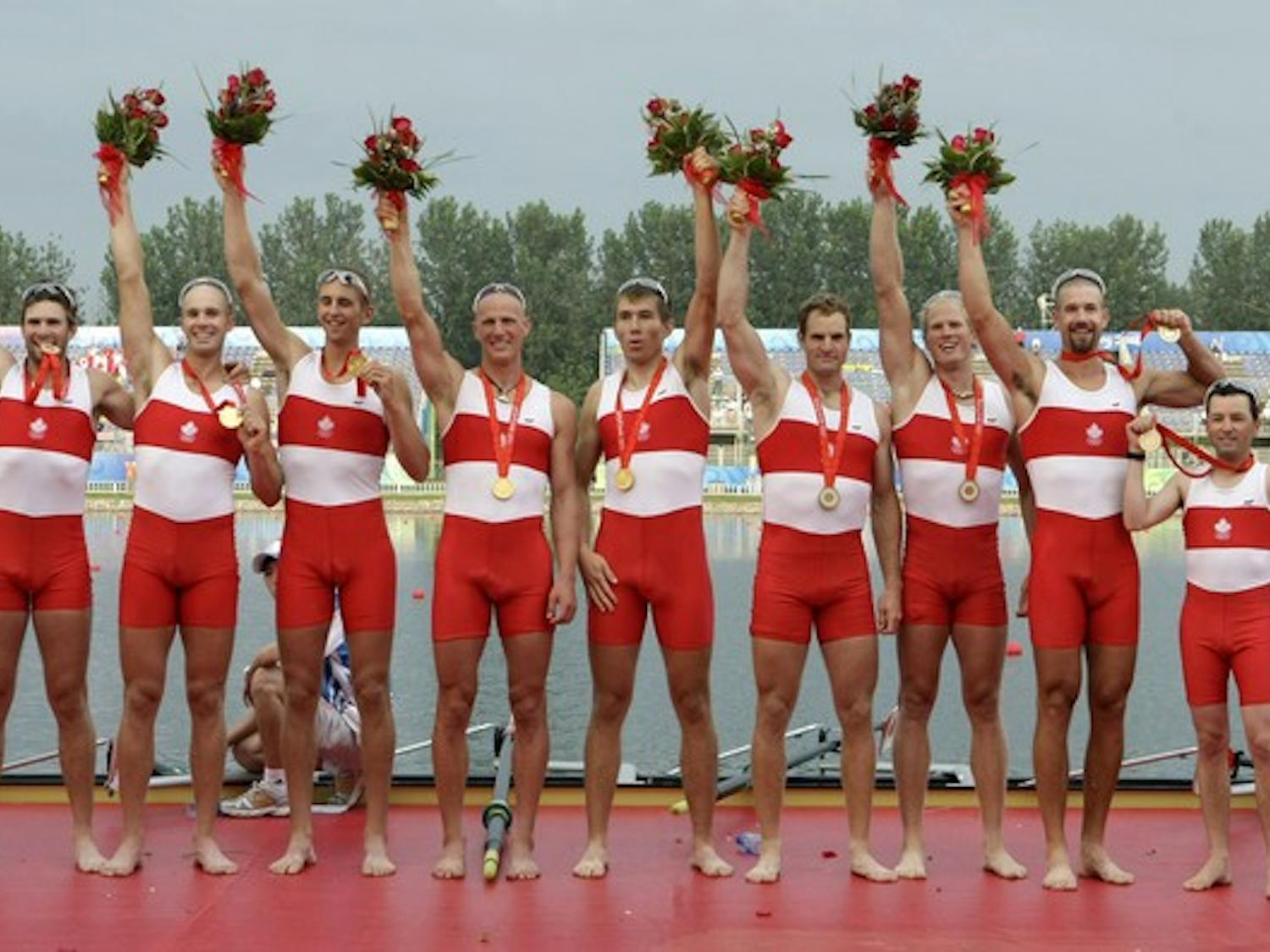 Seiterle, fourth from the right, won Canada's only Olympic gold in rowing events as a member of the men's eight.