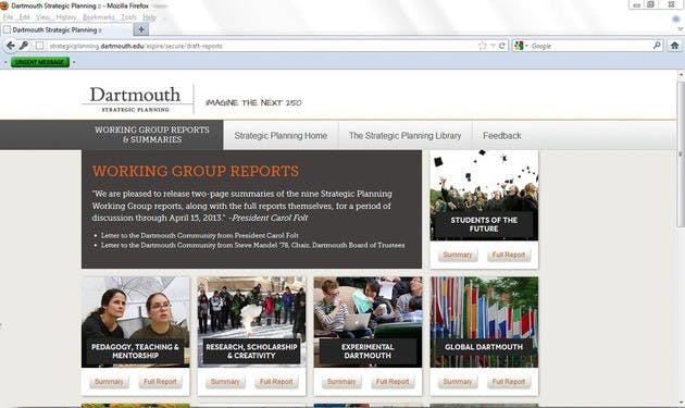 The strategic planning committees are accepting feedback from College faculty, student and alumni on ideas presented in the working group reports until April 15. The reports are available on the strategic planning website to members of the Dartmouth community. 