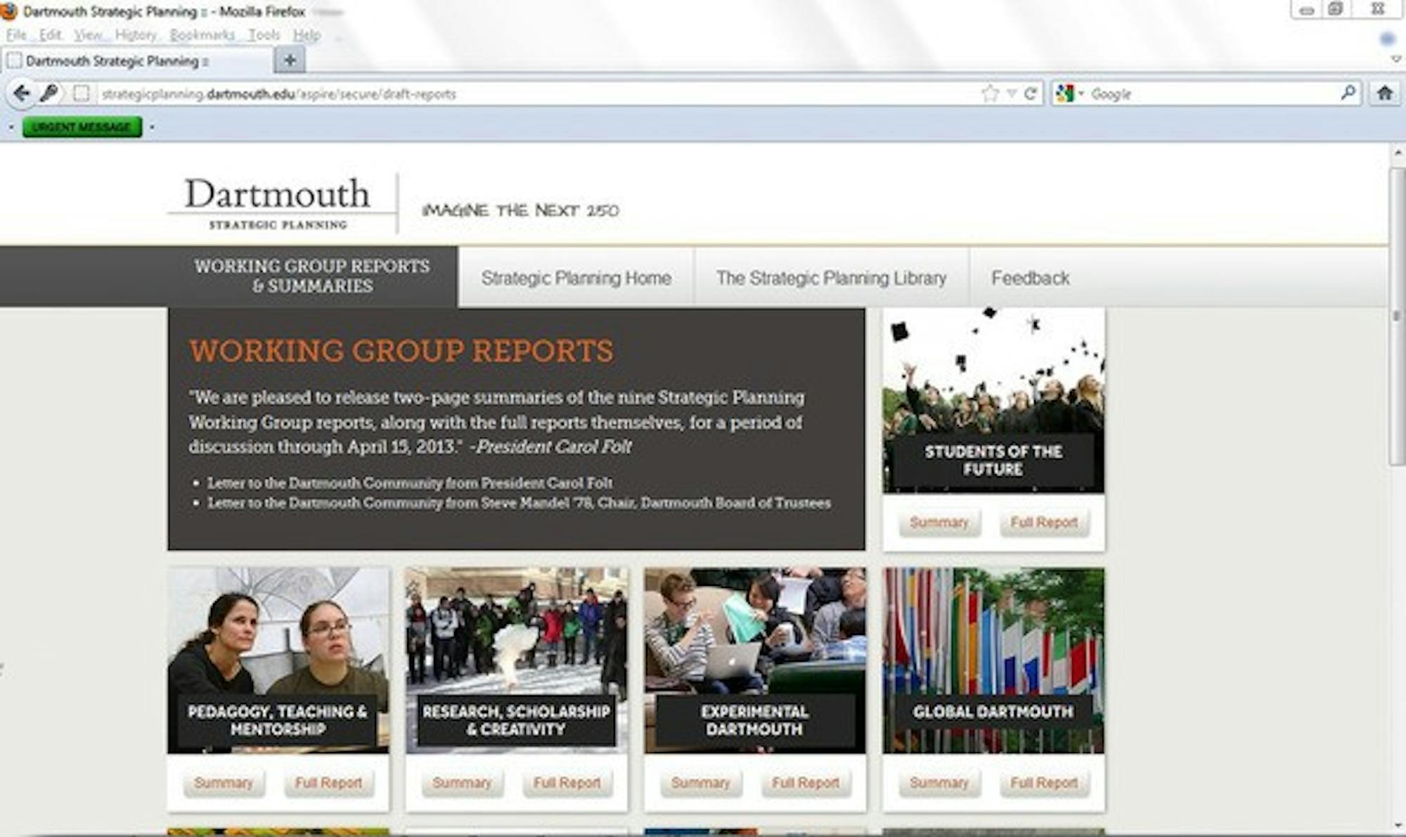 The strategic planning committees are accepting feedback from College faculty, student and alumni on ideas presented in the working group reports until April 15. The reports are available on the strategic planning website to members of the Dartmouth community. 