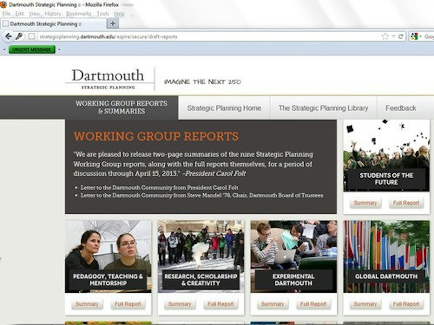The strategic planning committees are accepting feedback from College faculty, student and alumni on ideas presented in the working group reports until April 15. The reports are available on the strategic planning website to members of the Dartmouth community. 