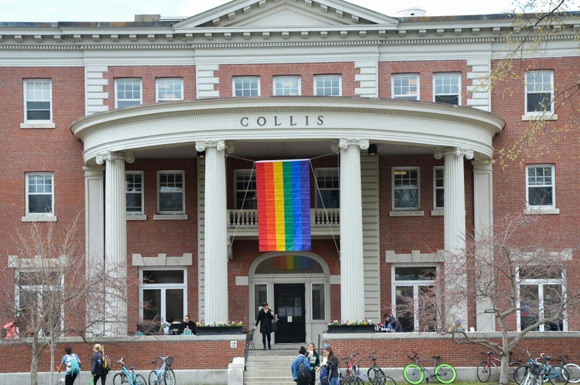 A pride flag hangs at the Collis Center as a part of this spring’s Pride Week celebrations.