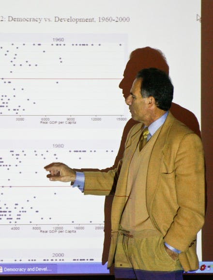 Jack Goldstone questions the link between democracy and economic development during a speech Monday.