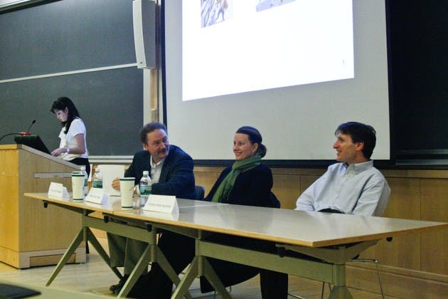 Professors Dirk Vandewalle, Diana Kruger and Bruce Sacerdote discuss the spread of the economic crisis to developing countries in a panel discussion on Tuesday.