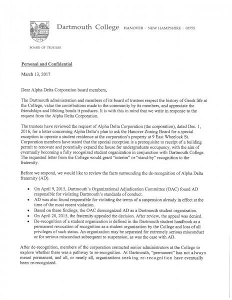 Alpha Delta will not be re-recognized