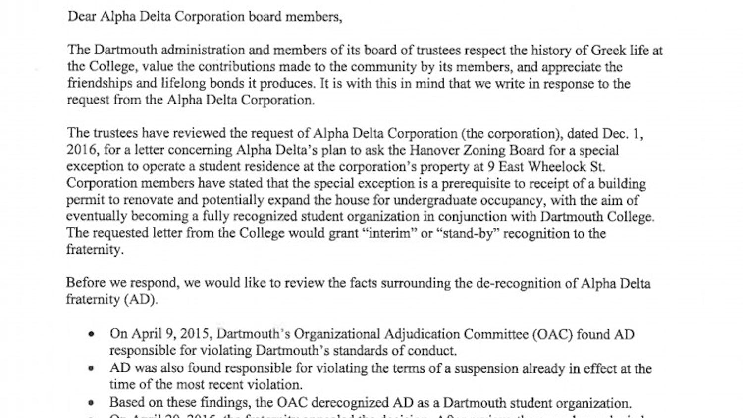 letter from Board of Trustees to the Alpha Delta Corporation, March 13, 2017