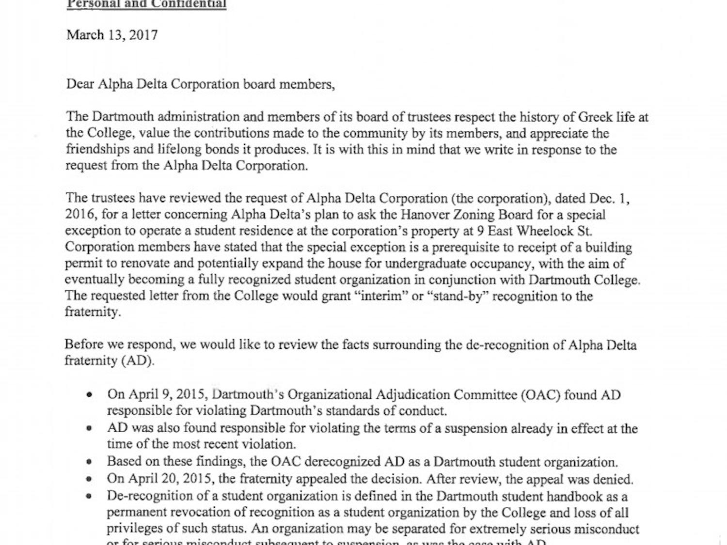 letter from Board of Trustees to the Alpha Delta Corporation, March 13, 2017