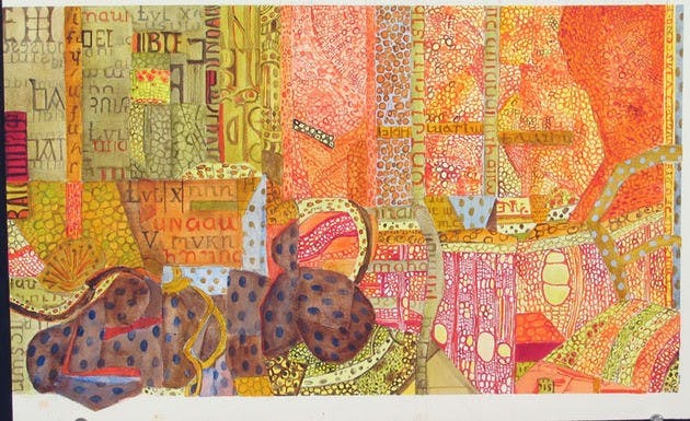 Thompson employs collage techniques in her exhibit 