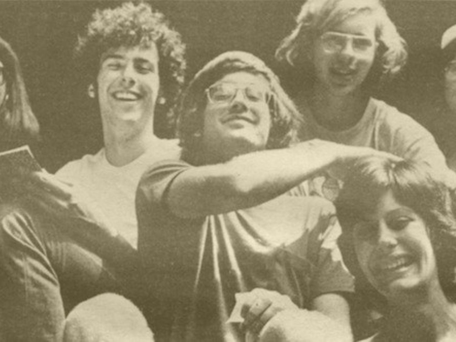 A group of Dartmouth students pose for a photo while on a trip to Moosilauke in the summer of 1974.