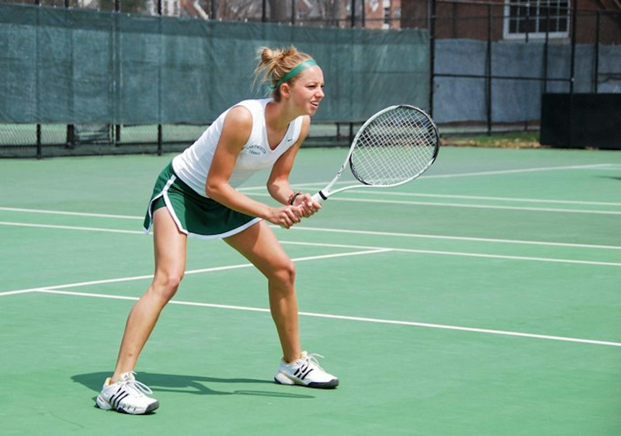 The duo of Jess Adler '10 and Mary Beth Winingham '10 (above) narrowly dropped the No. 2 doubles match, 9-8.
